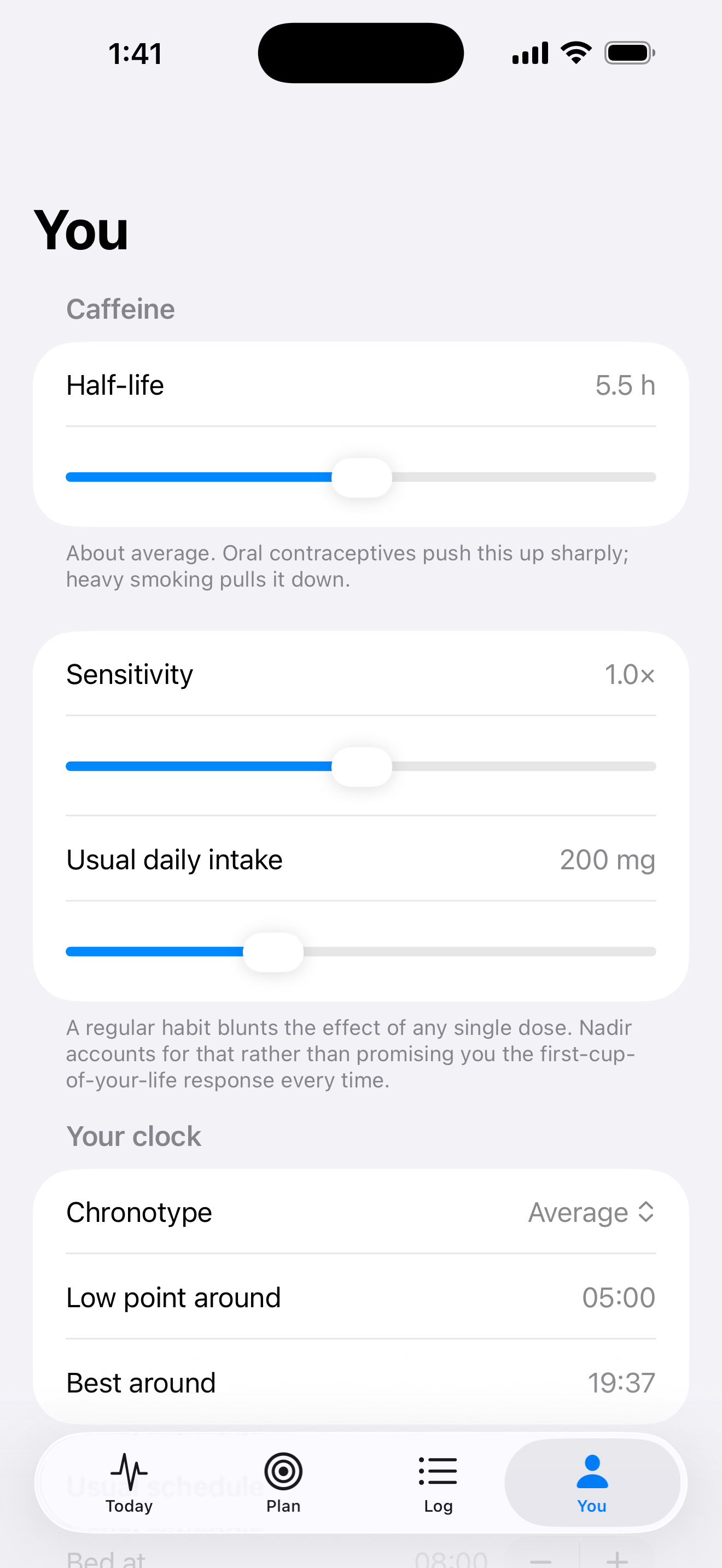 The settings screen, showing the caffeine half-life setting